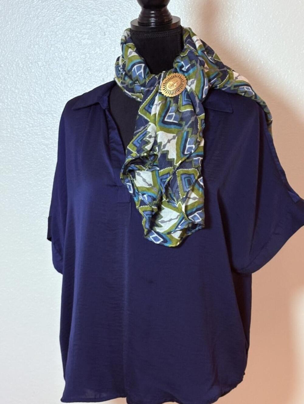 Navy & Olive Geometric Diamond Infinity Scarf + Gold Sunburst Brooch Set